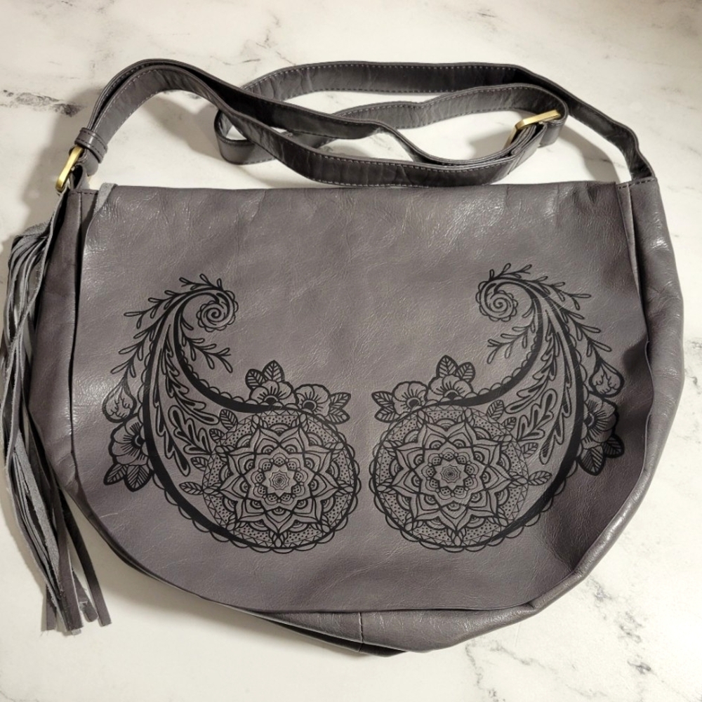 RARE HOBO Leather Inked Hide Grey w/Decorative Print Crossbody/Shoulder Bag